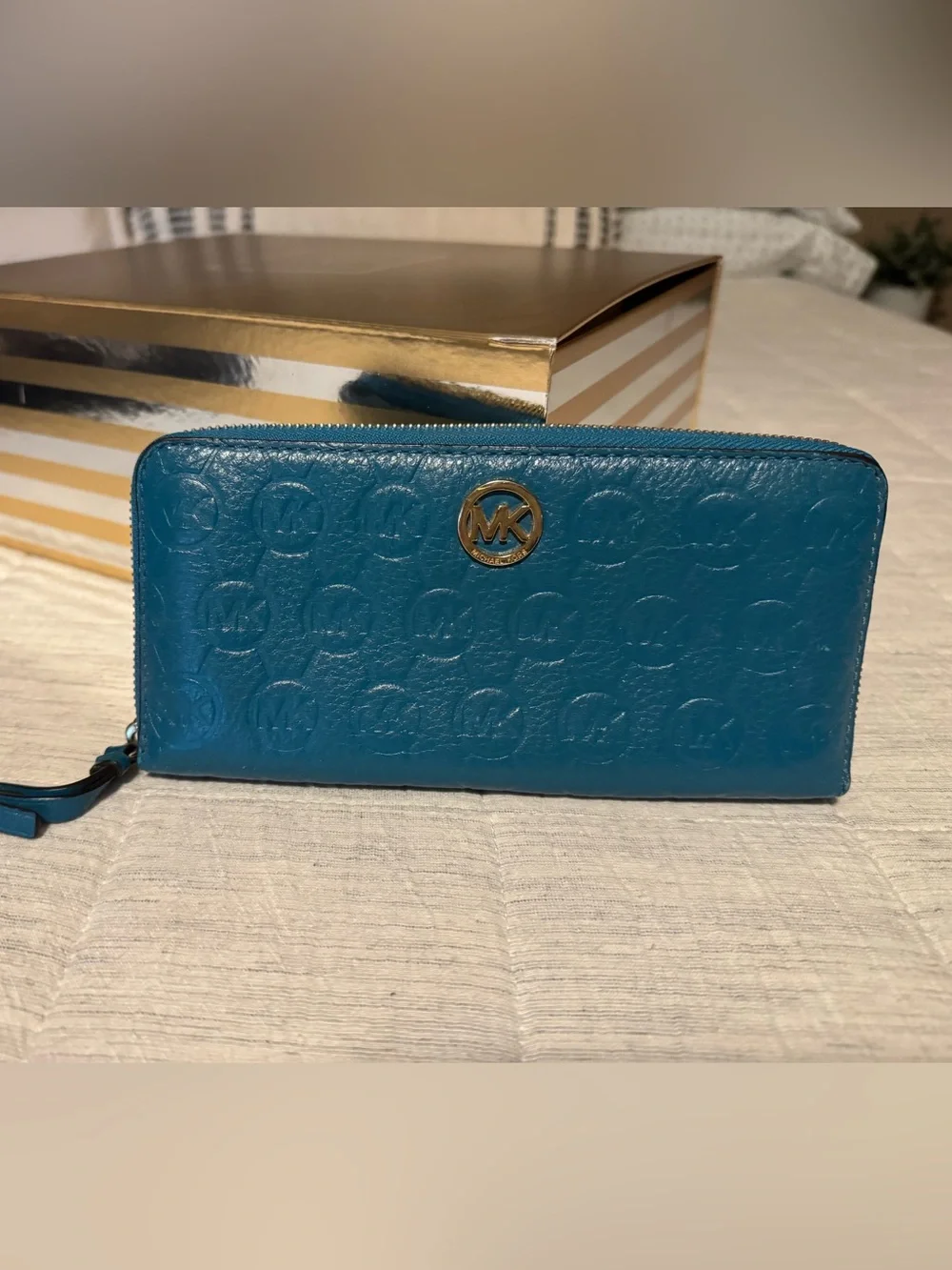 Michael Kors Blue Teal Embossed Zip-Around Wallet